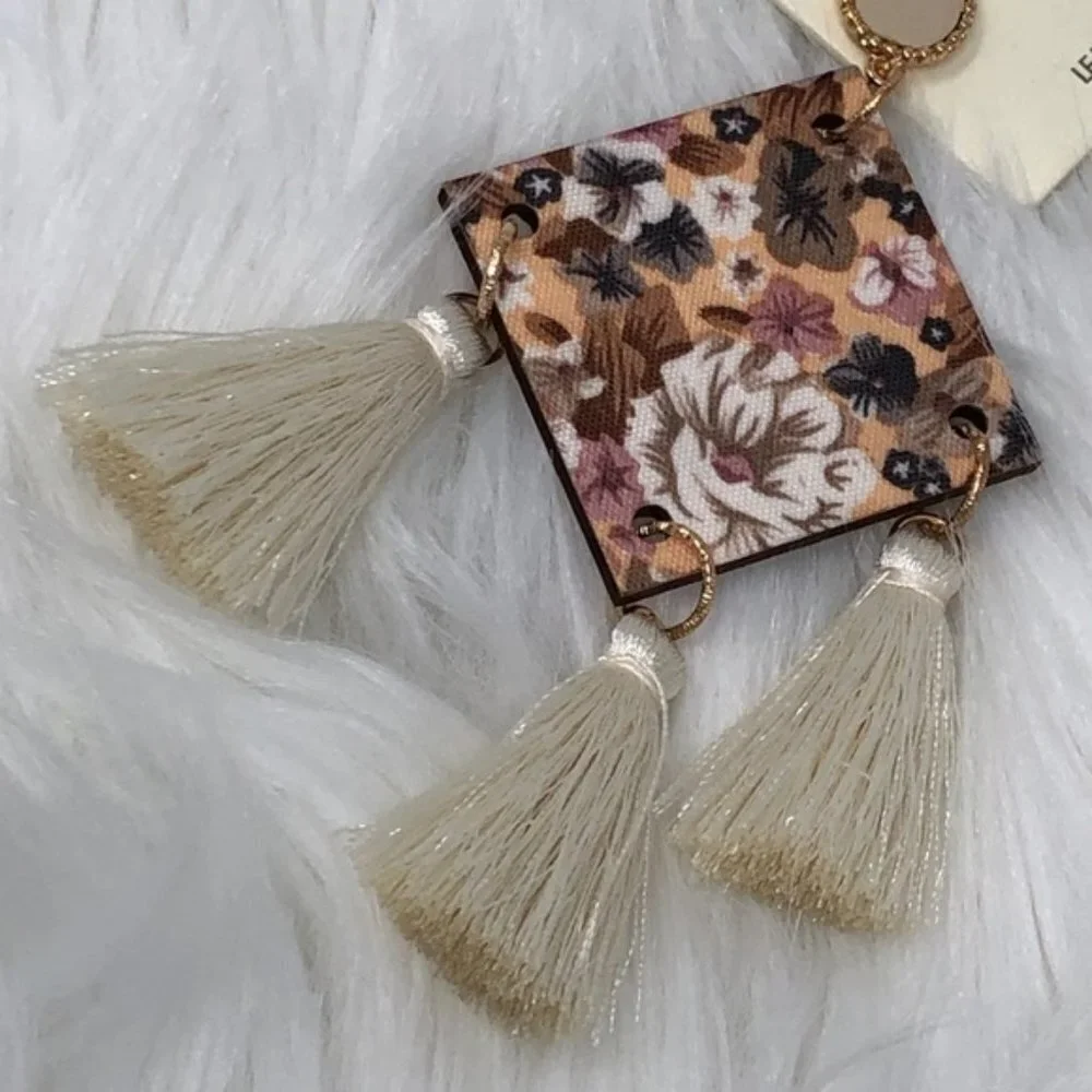Floral Square Wood Triple Tassel Dangle Earrings